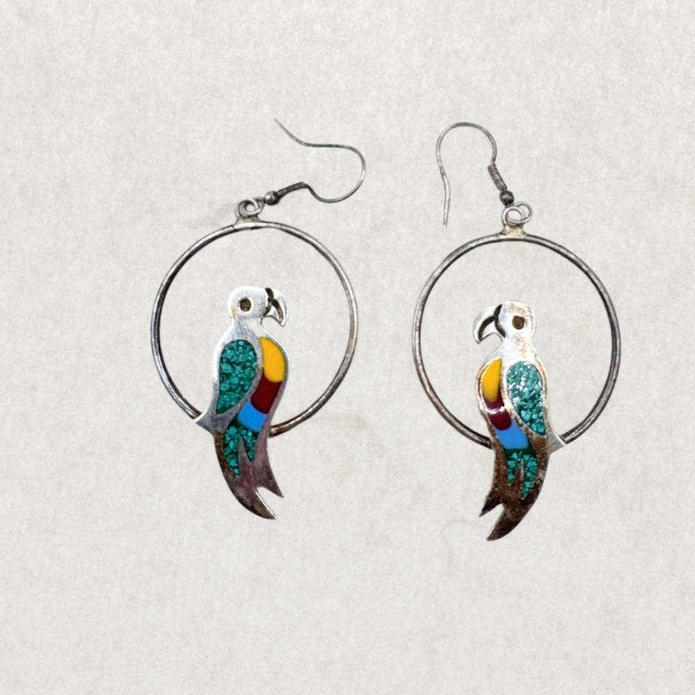 Vintage Mexico Sterling Silver Parrot Hoop Earrings – Excellent Condition